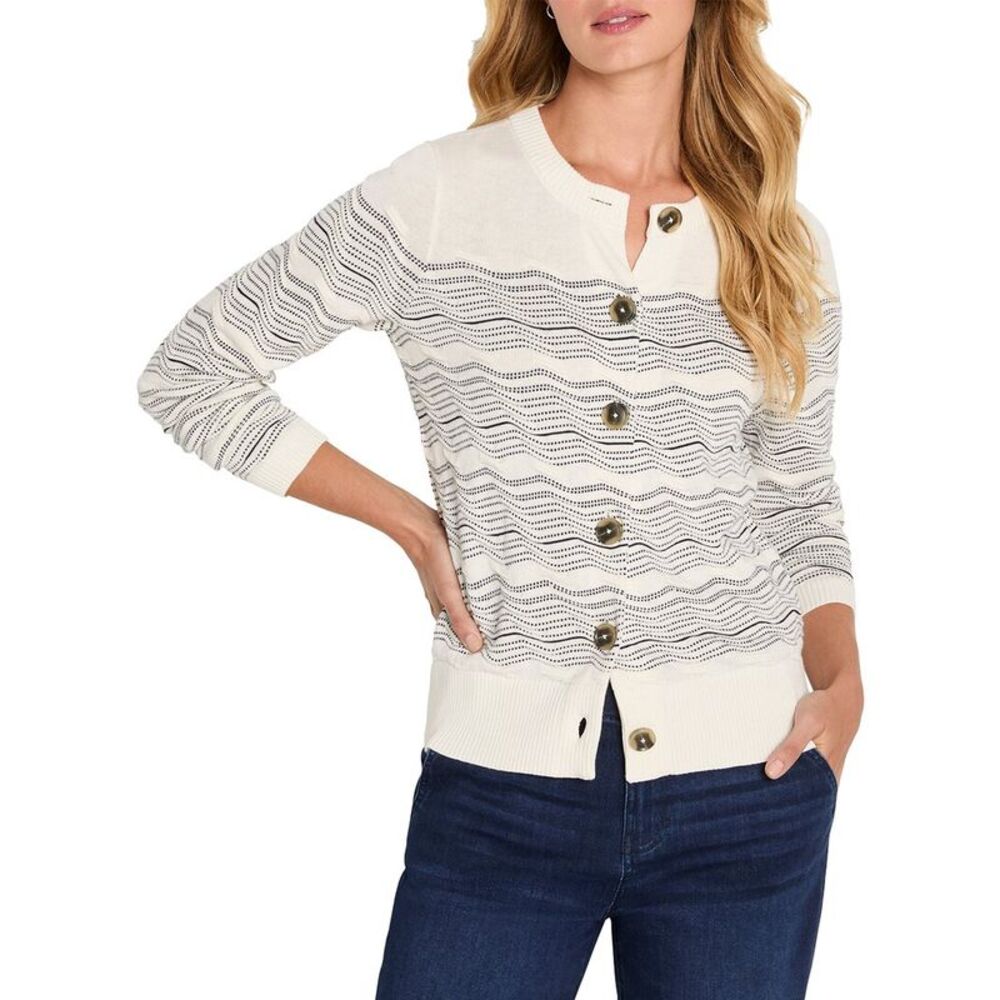 Nic+Zoe Womens  Zig Zag Stitch Linen-Blend Cardigan